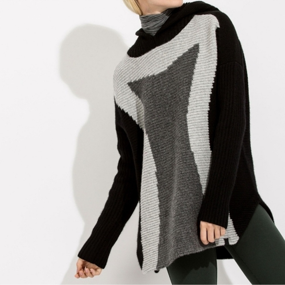 Kit & Ace Kerr Black and Grey Ribbed Knit Textured Cashmere Wool Hoodie Sweater
